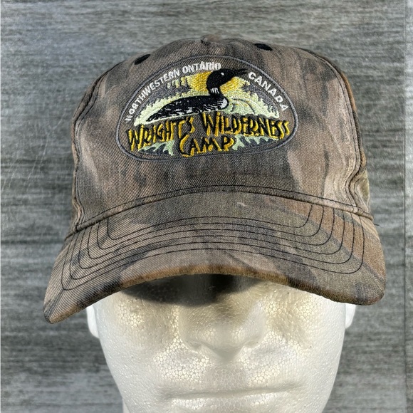 AJM Wrights Wilderness Camp Ontario Canada Camo Adjustable Strap Back Hat OSFA - Picture 3 of 13